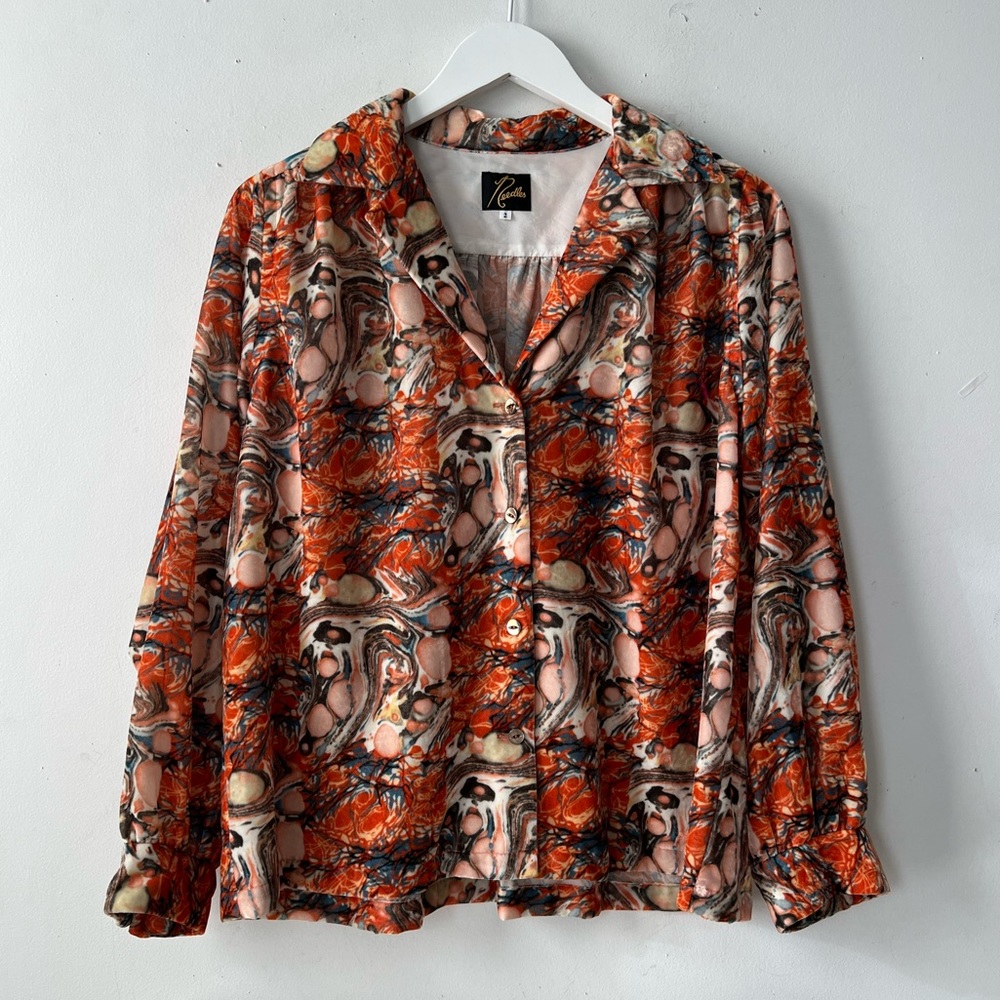 Needles Abstract Marble-Print Button-Up Blouse in Orange and Pink